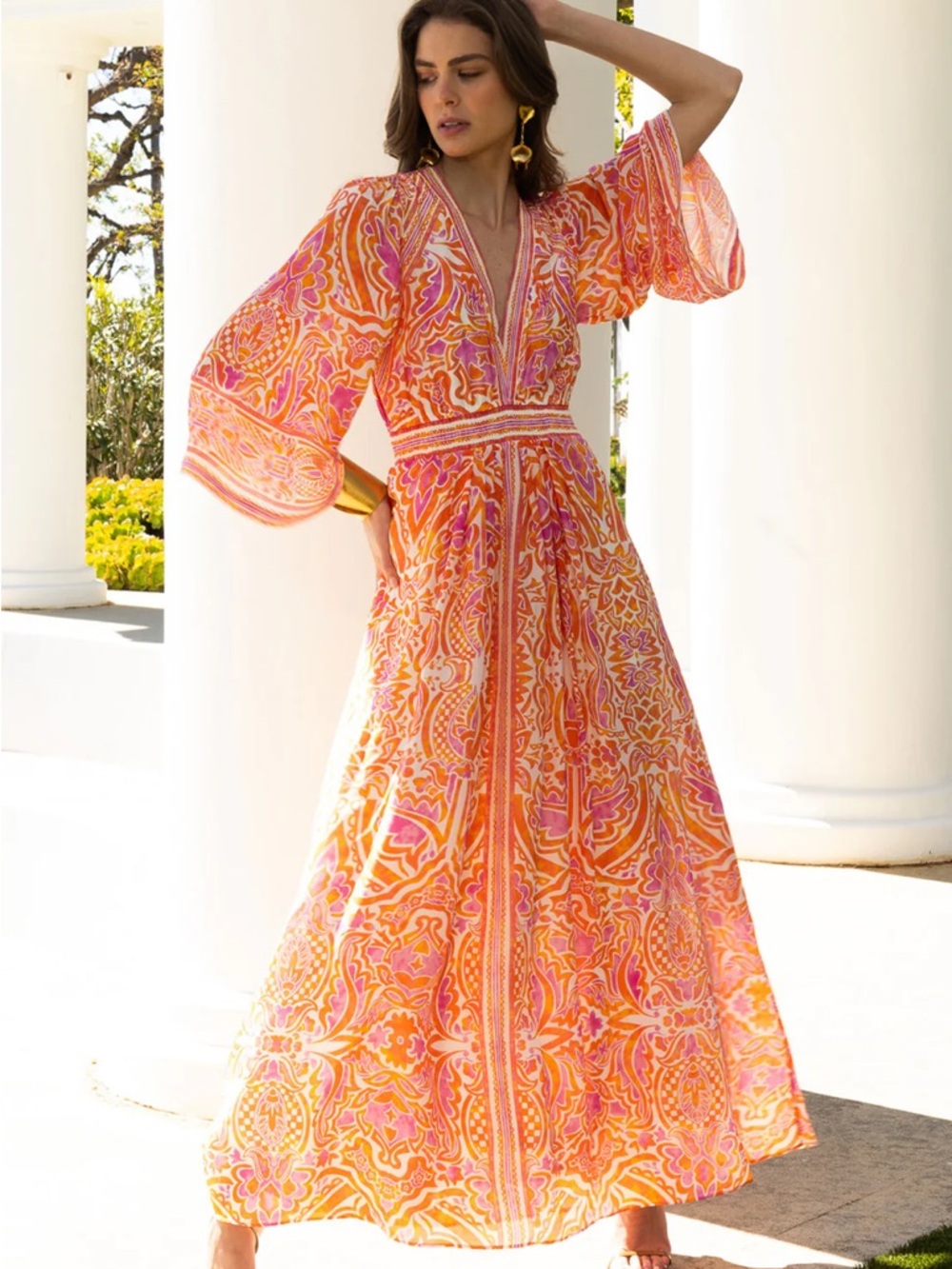 Hale Bob Bohemian V-Neck Orange and Pink Abby Maxi Dress